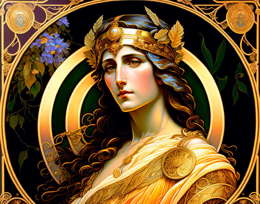 Detailed illustration of woman in golden laurel wreath and classical attire with floral patterns