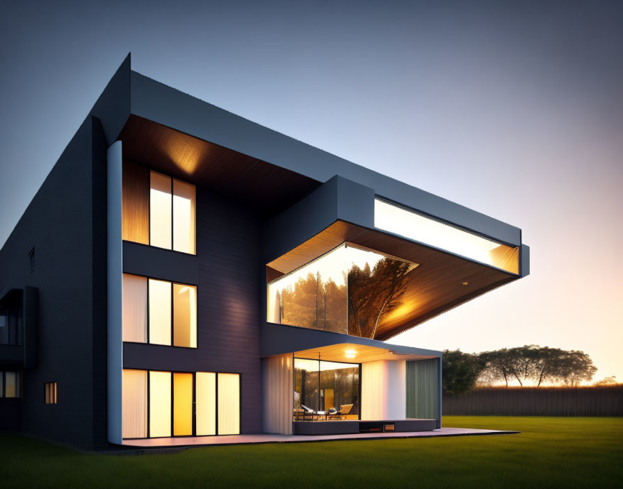 Contemporary two-story house with large windows and cantilevered upper level at dusk