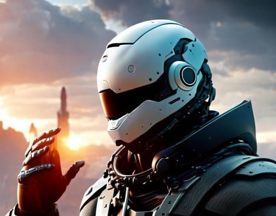 Futuristic robot in white helmet and armor against cloudy sunset sky