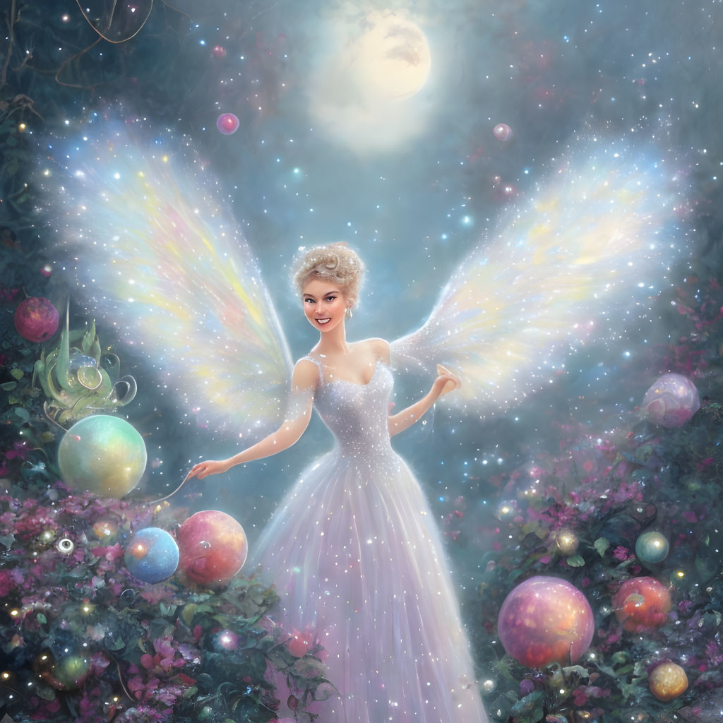 Luminous fairy with wings in magical garden under full moon