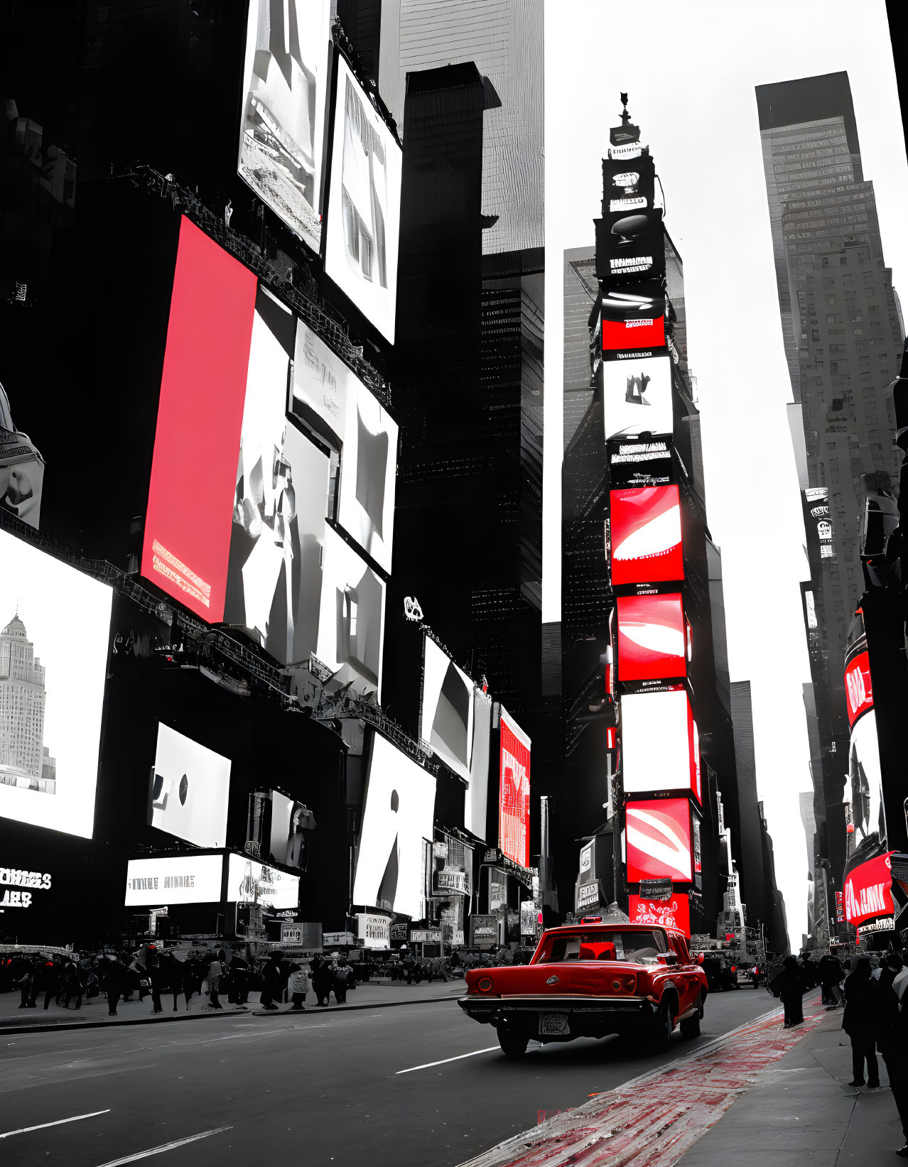 Selective color photo of Times Square in grayscale with vibrant reds