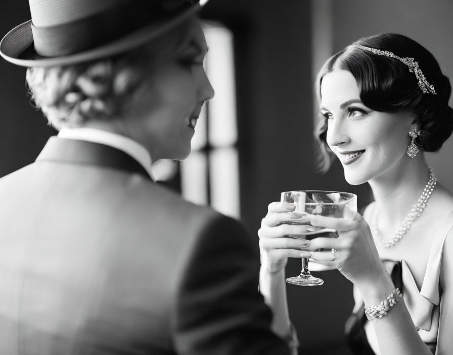 Vintage black and white photo of two elegantly dressed women sharing a moment with eye contact