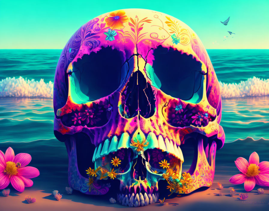 Colorful floral skull on beach with ocean and birds in background