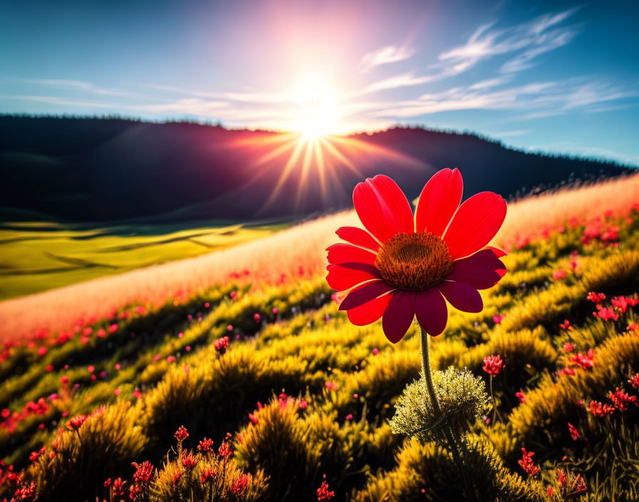 Vibrant red flower in lush green field under setting sun.