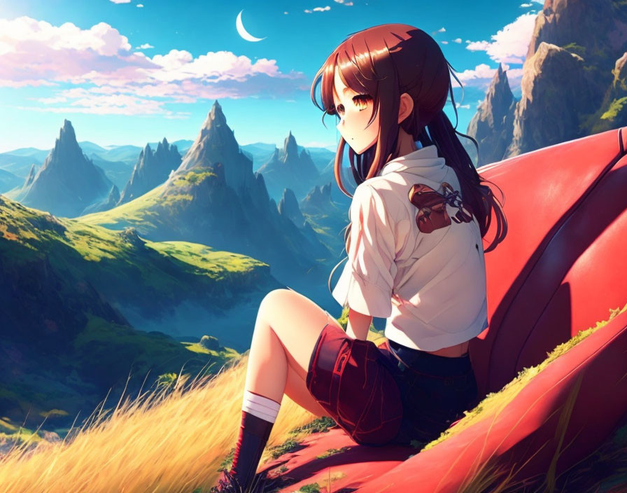 Animated girl on hillside with mountains and crescent moon