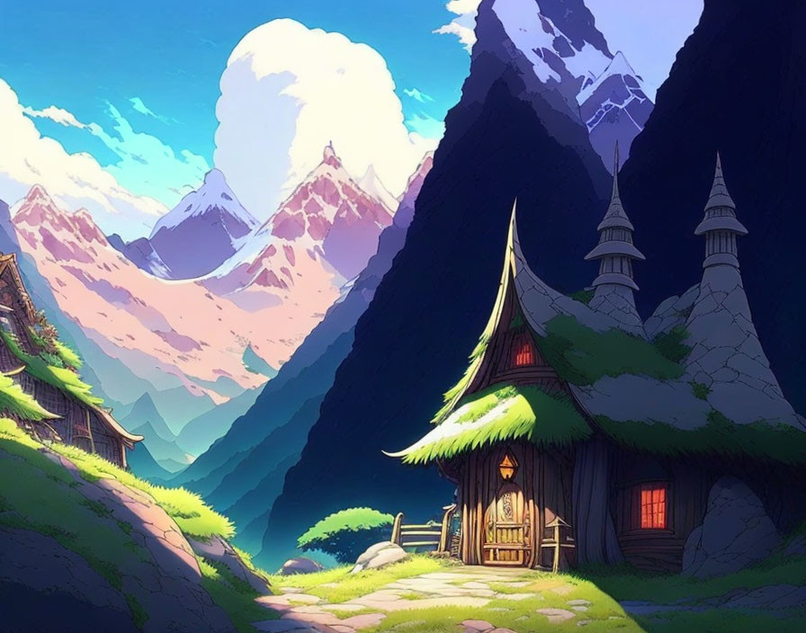 Digital artwork of cottage with pointy roofs and snow-capped mountains