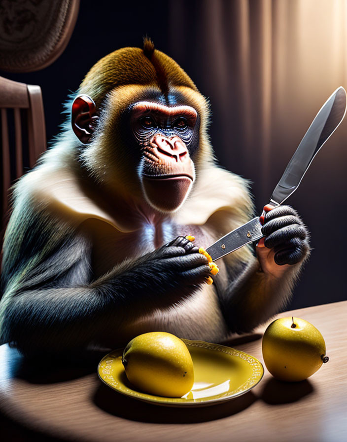 Monkey with Knife and Lemons in Dramatic Light at Table