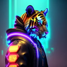 Futuristic jacket with glowing elements and tiger's head in neon-lit urban scene