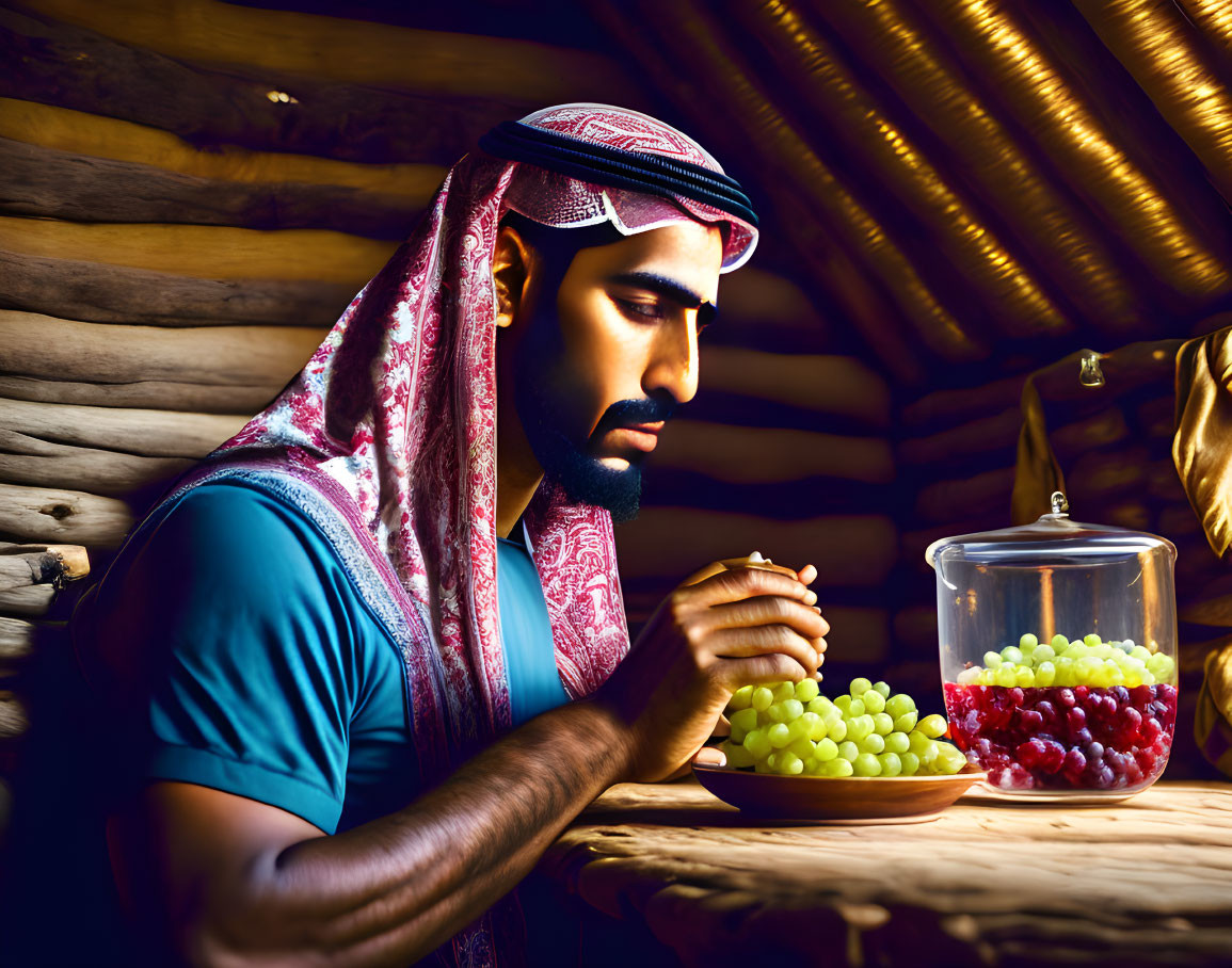 Traditional headscarf man sitting with grapes at wooden table in warm light