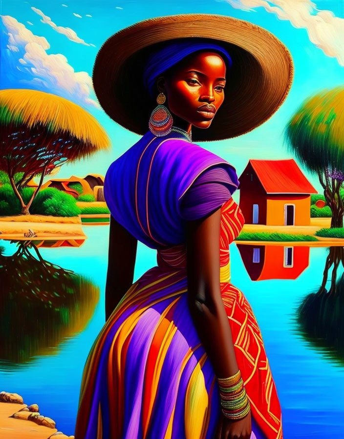 Colorful illustration of woman in purple and yellow dress by serene water and red-roofed house