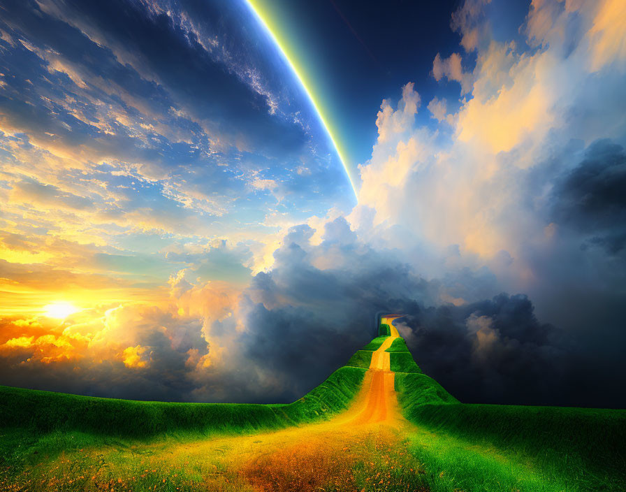 Colorful rainbow over green hill under dramatic sky with path leading towards it