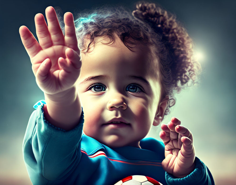 Curly-Haired Toddler in Blue Soccer Ball Outfit Reaching Out