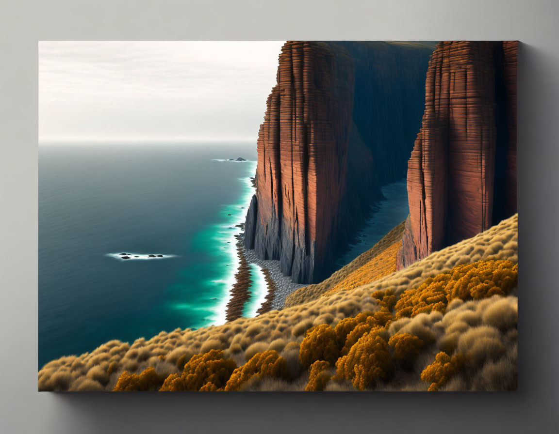 Red cliffs, blue sea, and golden shrubbery landscape view