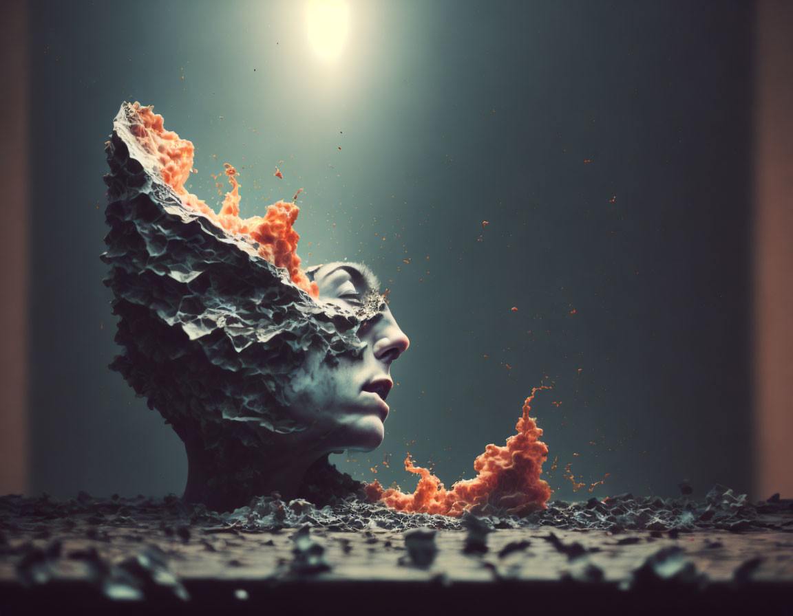 Surreal side-profile bust disintegrating into fiery particles