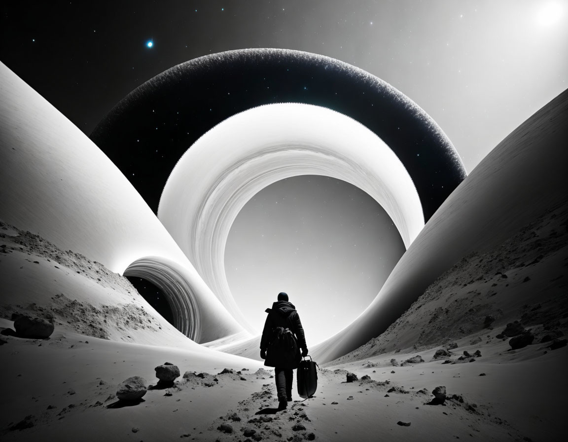 Figure Contemplating Saturn's Rings in Snowy Landscape