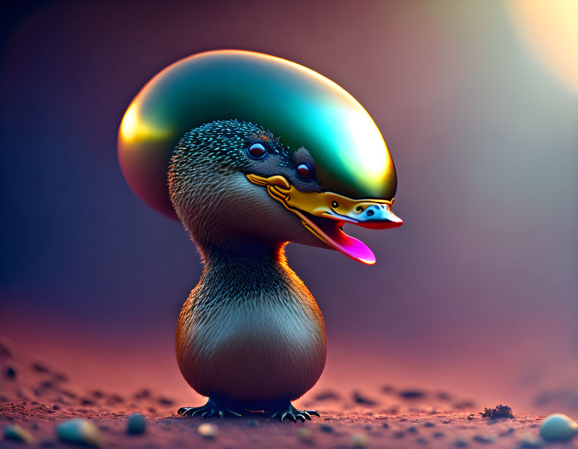 Colorful 3D creature with duck-like features on sandy background