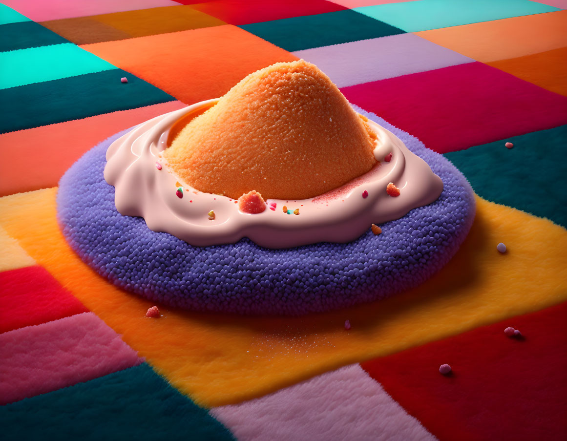 Vibrant digital artwork of sponge-textured dessert on purple mat