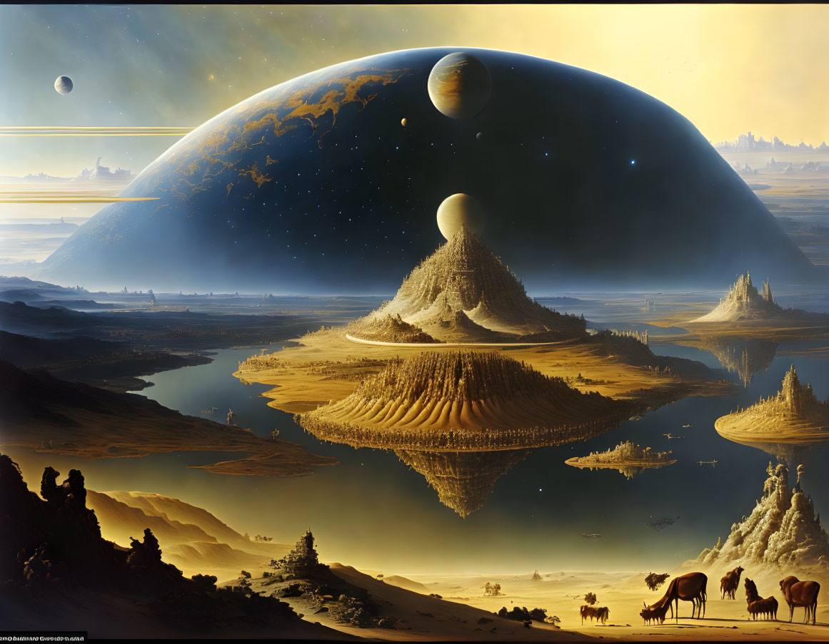 Fantastical landscape with oversized celestial bodies and plateau-like land formations