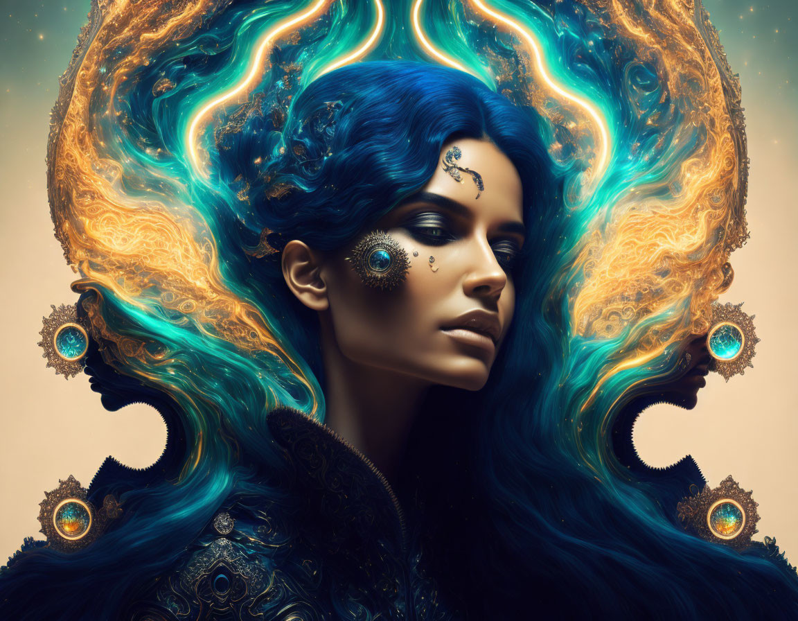 Vibrant blue hair woman in surreal cosmic nebula backdrop