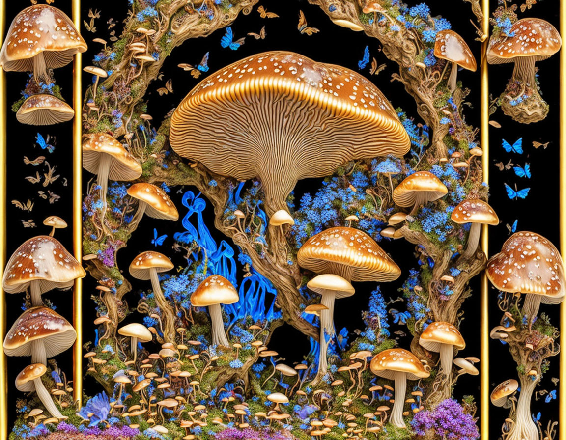 Glowing mushrooms, blue butterflies, and colorful flora on dark background