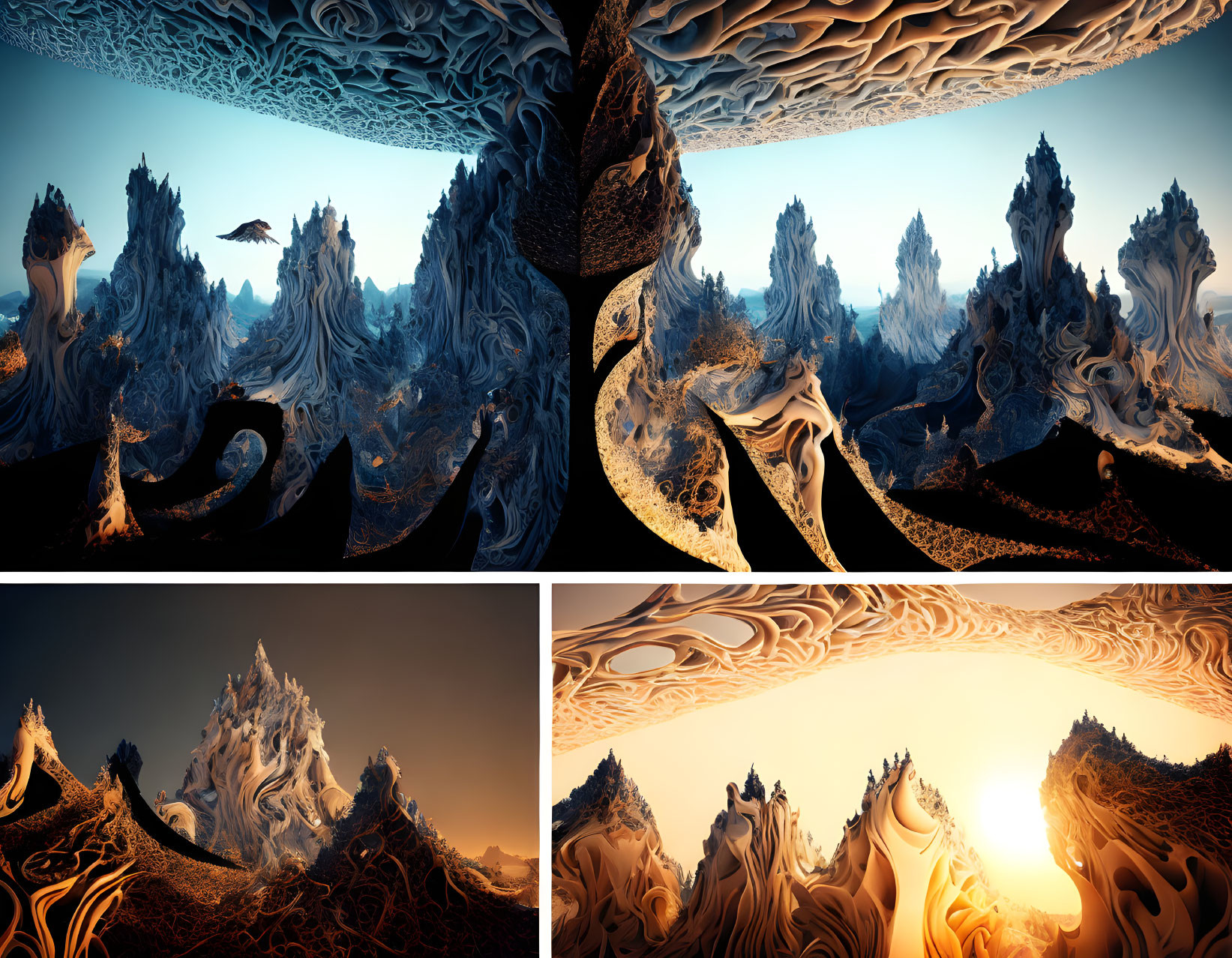 Four Alien Landscapes with Intricate Mountain-like Formations