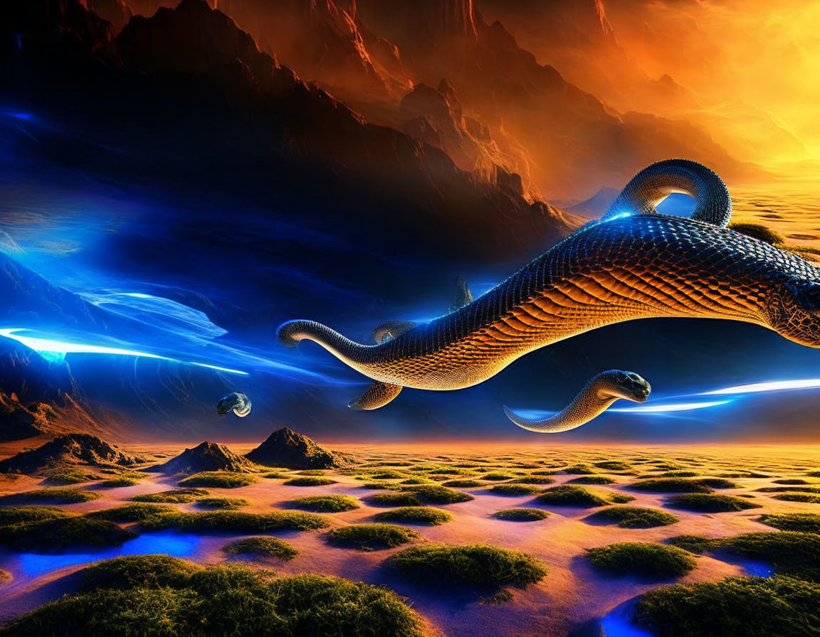 Fantastical serpent over surreal landscape with blue energy streams