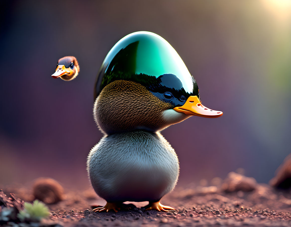 Whimsical duck and duckling with shiny, oversized head.