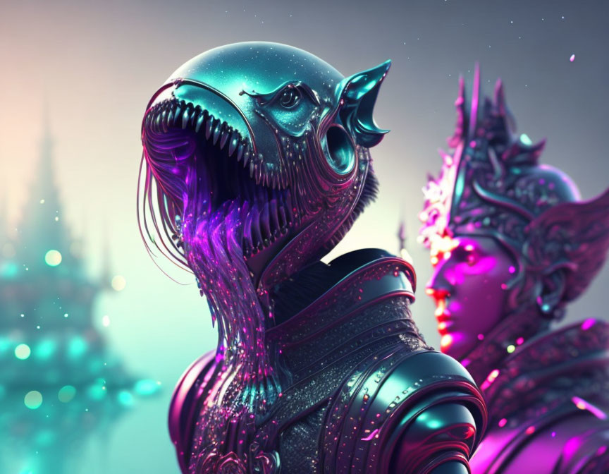 Bird-like creature and knight in ornate armor in futuristic cityscape.