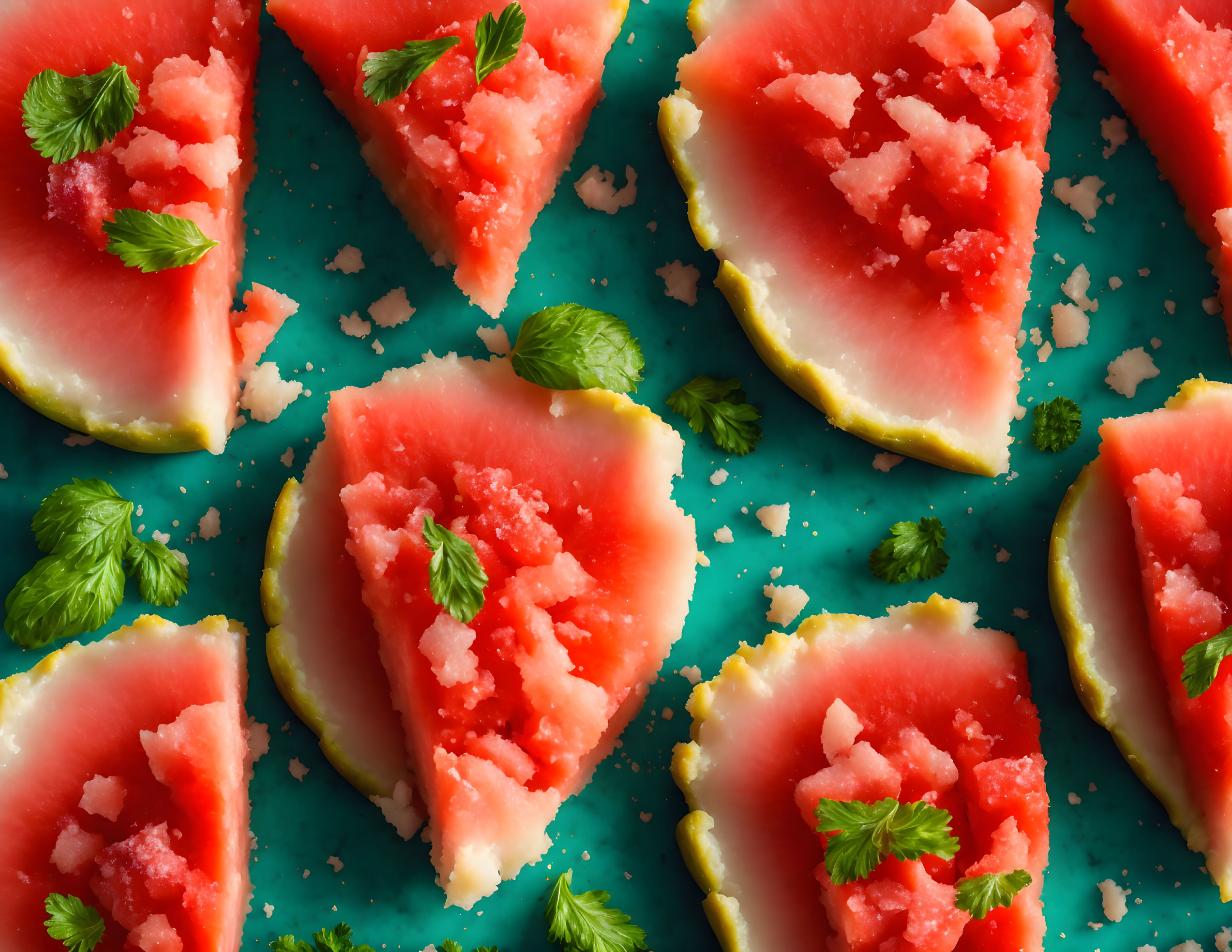 Fresh Watermelon Slices with Bite Marks and Mint Leaves on Turquoise Surface