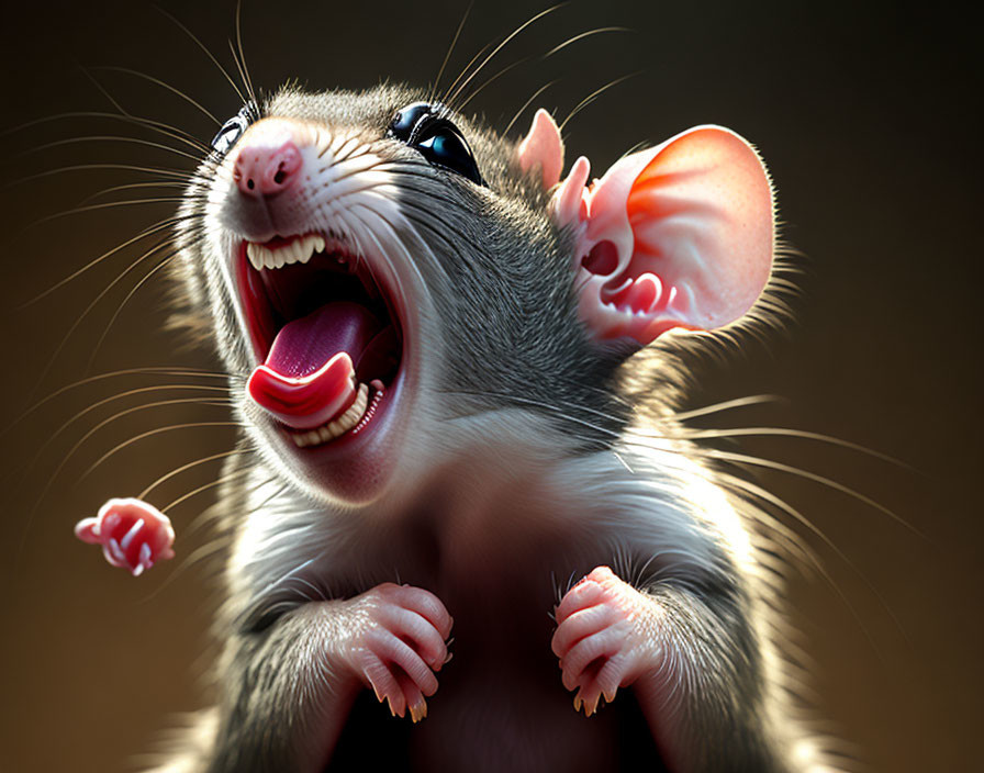 Cheerful opossum with open mouth and bright eyes in blurred background