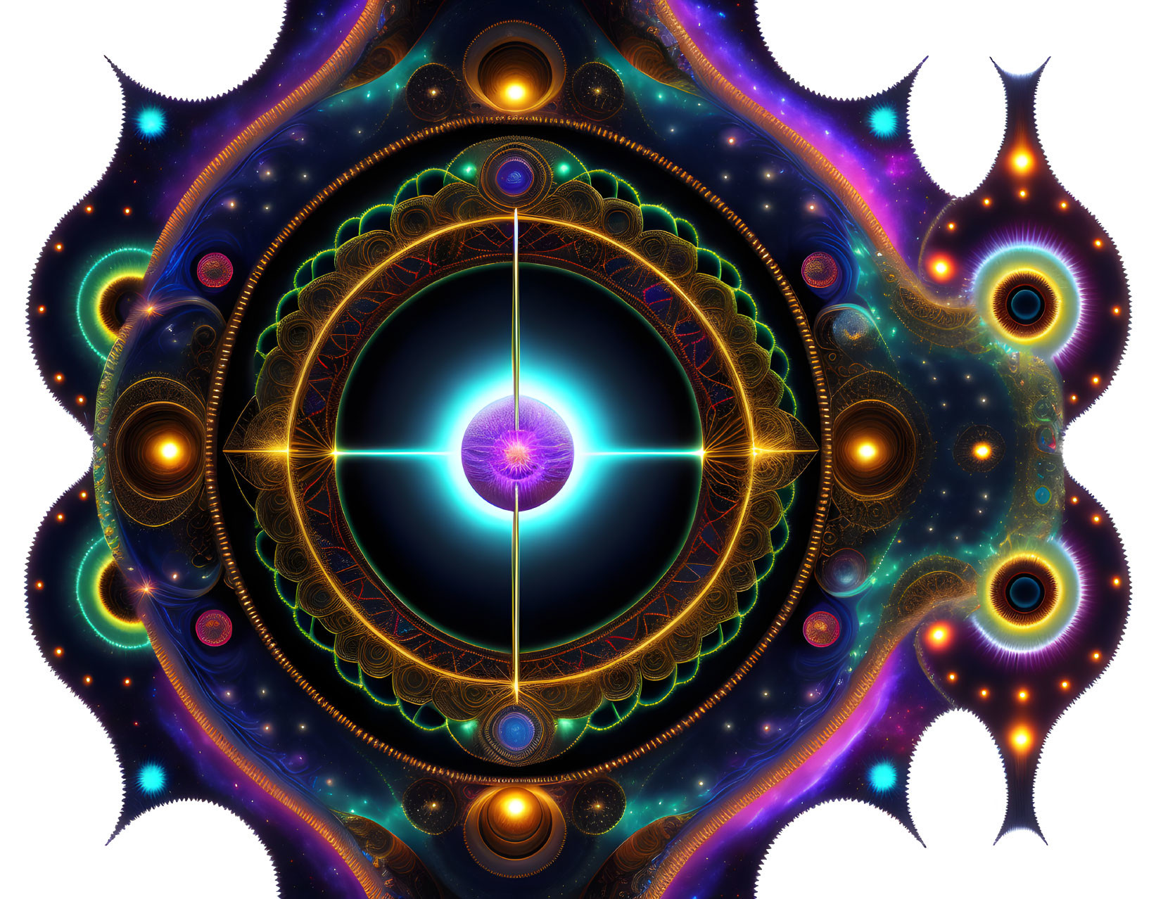 Colorful Fractal Art: Vibrant Patterns, Glowing Orb, Cosmic Themes