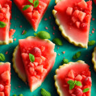 Fresh Watermelon Slices with Bite Marks and Mint Leaves on Turquoise Surface