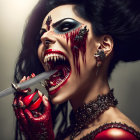 Woman with vampire makeup and fangs holding knife, dripping blood, in red gloves and ornate jewelry