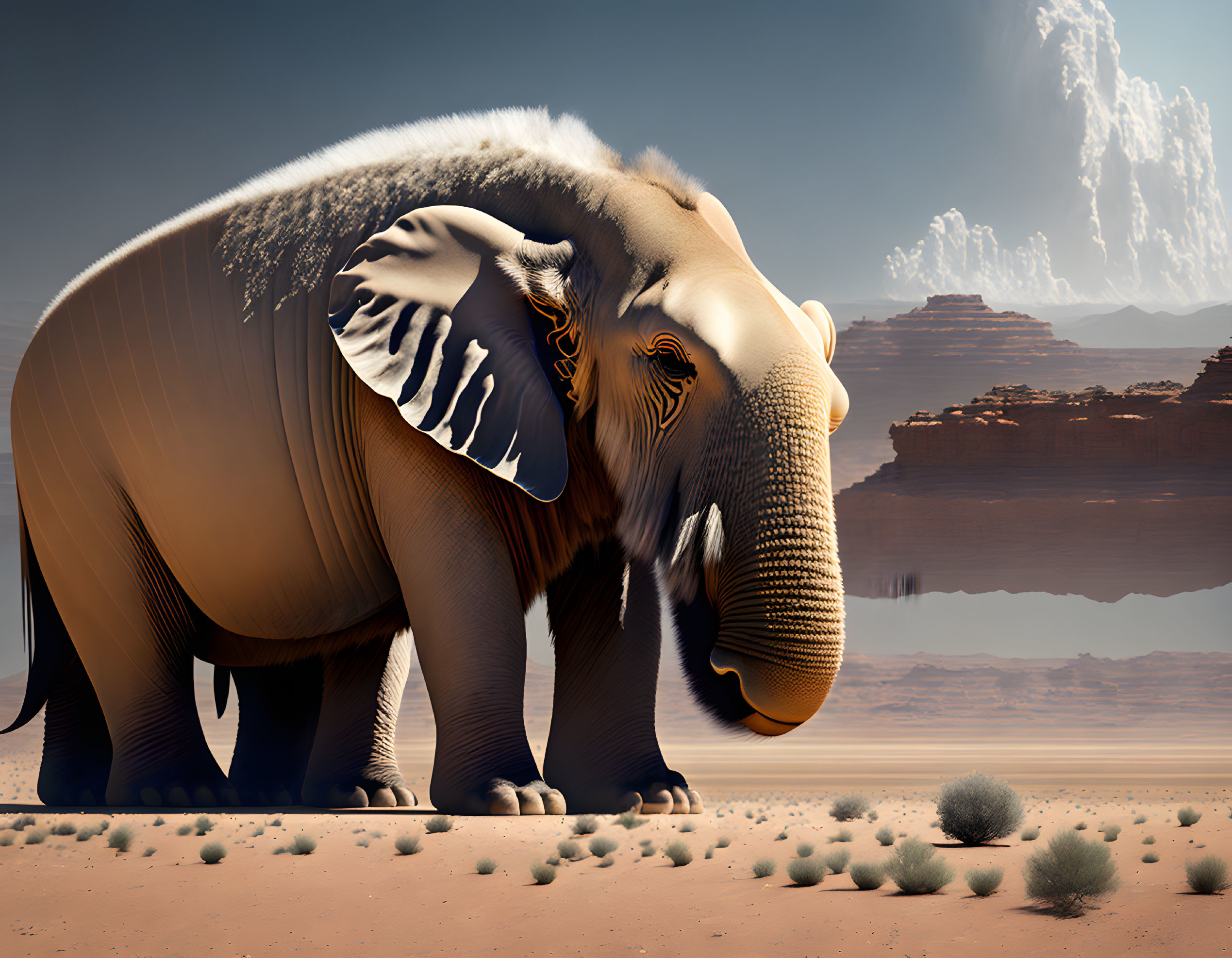 Large-eared elephant in desert landscape with water and rocks