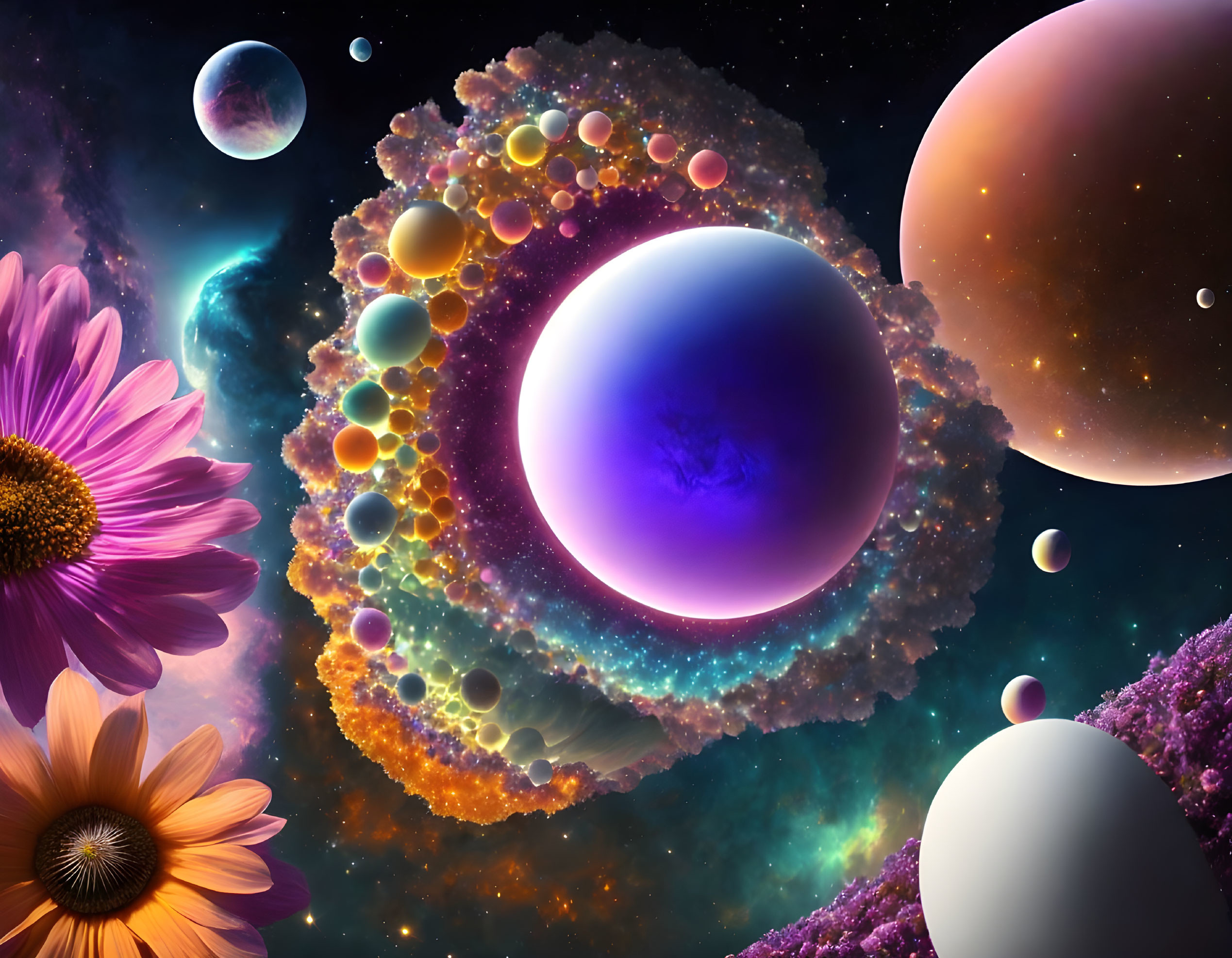 Colorful cosmic scene with central purple planet, rings, celestial bodies, flowers, and starry backdrop