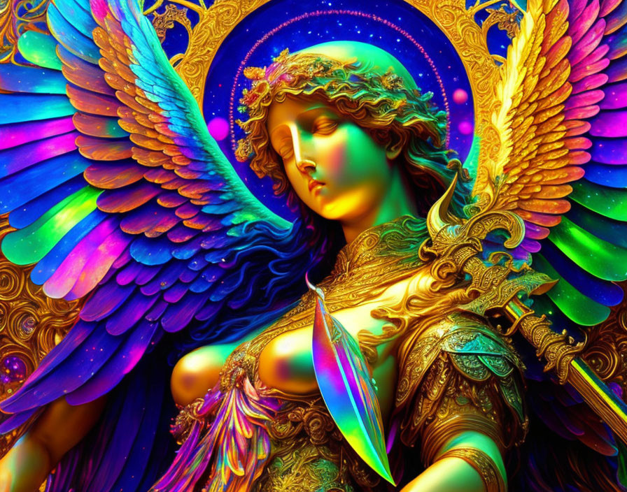 Colorful Winged Angel in Ornate Armor Surrounded by Cosmic Background