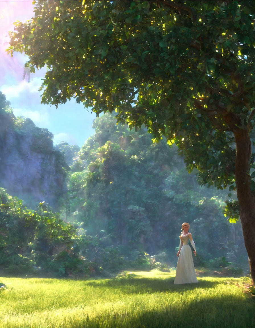 Woman in white dress admires sunlit forest with cliffs