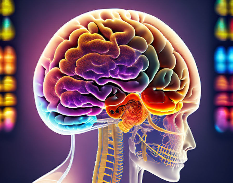 Colorful segmented brain illustration with brain regions and brainstem on dark background