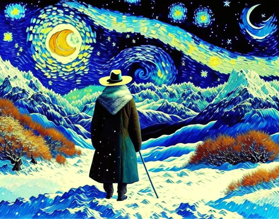 Person in hat and cape against starry night sky and snowy mountains.