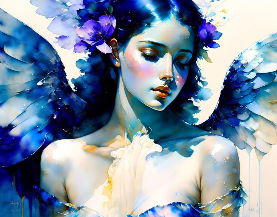 Ethereal woman with blue wings and floral hair in vibrant watercolor.