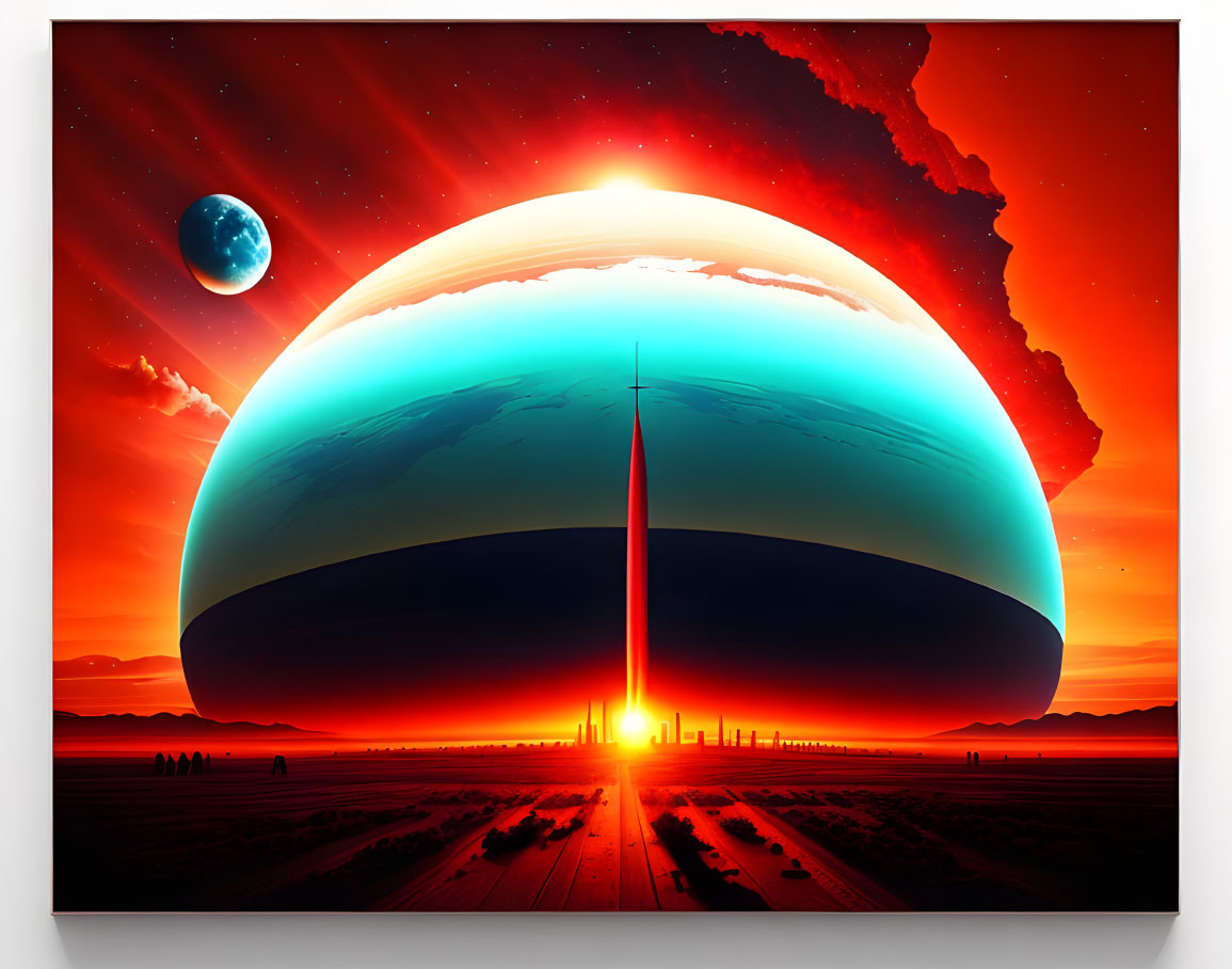 Futuristic sci-fi landscape with towering spire on desert terrain under massive planet and smaller moon at