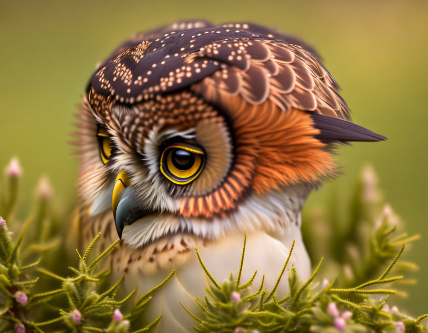 Detailed Owl Illustration Among Green Plants and Soft-focus Background