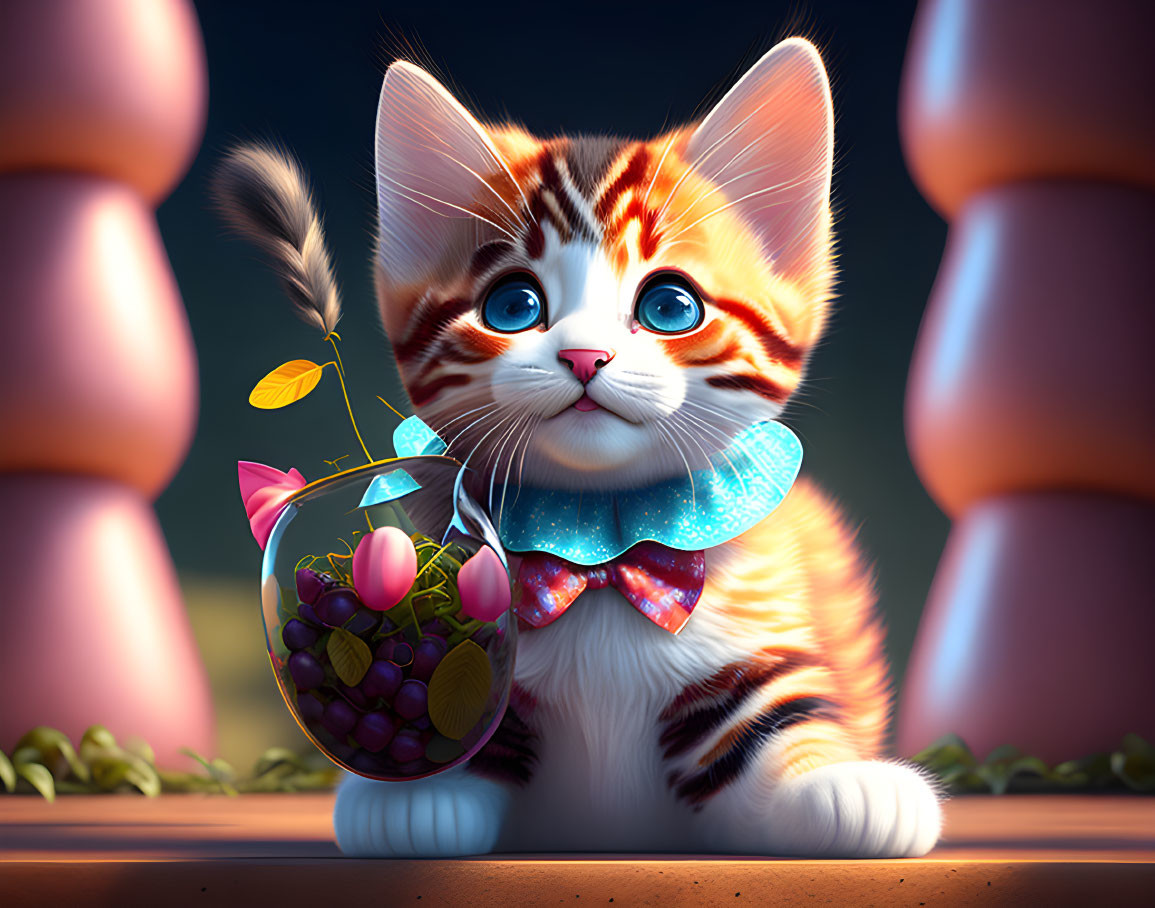 Illustration of orange and white kitten with blue eyes and candies bowl