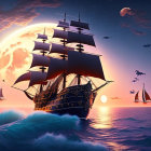 Full-rigged sailing ship on turbulent ocean waves under vibrant sunset sky