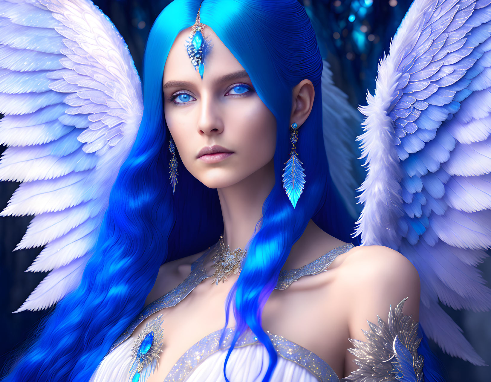 Vibrant blue-haired woman with feathered wings and intricate jewelry