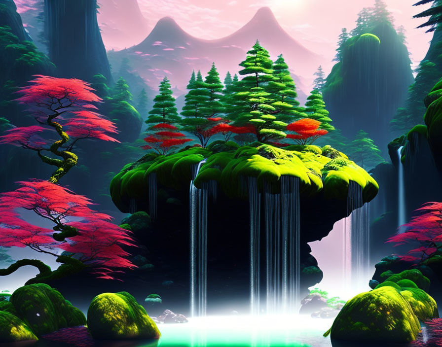 Fantastical floating island with lush greenery and vibrant red-leaved trees