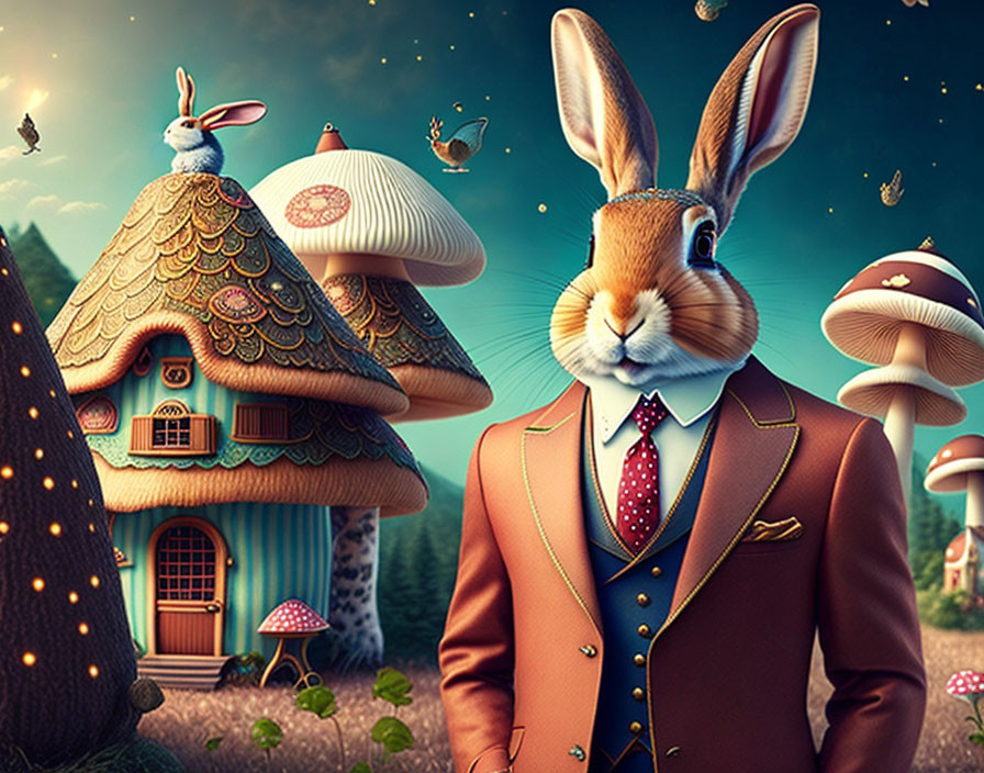 Anthropomorphic rabbit in suit with mushroom houses & smaller rabbit.