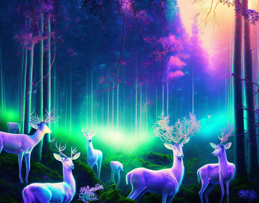 Mystical forest digital art with glowing trees and luminous deer