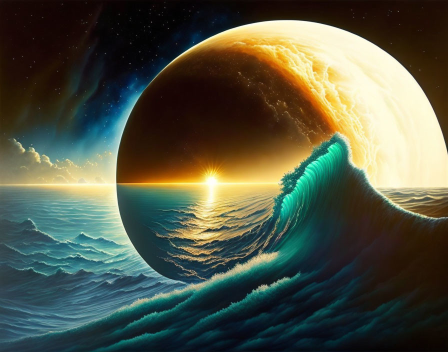 Surreal ocean scene with giant wave, sun, and planet in star-filled sky