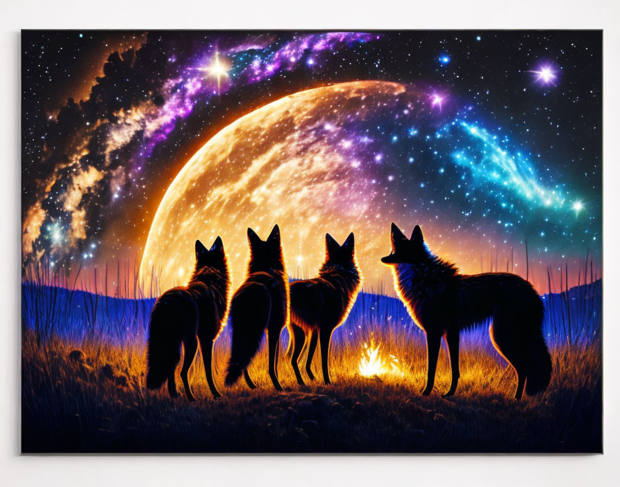 Silhouette of Three Wolves Against Cosmic Background